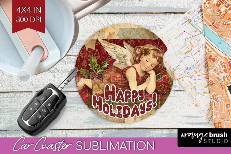Vintage Christmas Car Coaster PNG - Xmas Coaster Sublimatoin