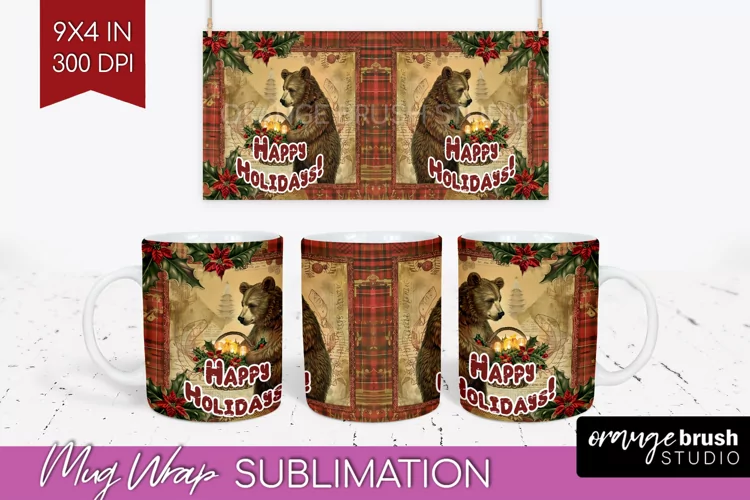 Vintage Christmas Mug Wrap - Retro Xmas 15Oz Mug Sublimation