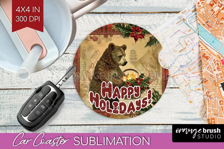Vintage Christmas Car Coaster PNG - Xmas Coaster Sublimatoin