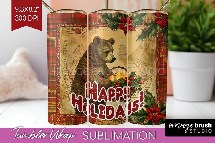 Vintage Christmas Tumbler Wrap - Xmas Tumbler Sublimation
