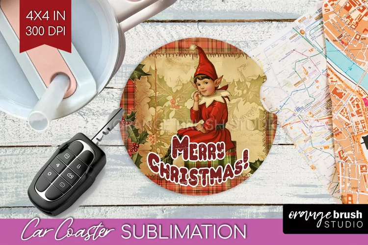 Vintage Christmas Car Coaster PNG - Xmas Coaster Sublimatoin
