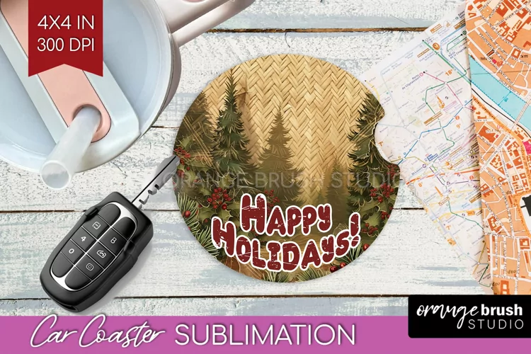 Vintage Christmas Car Coaster PNG - Xmas Coaster Sublimatoin