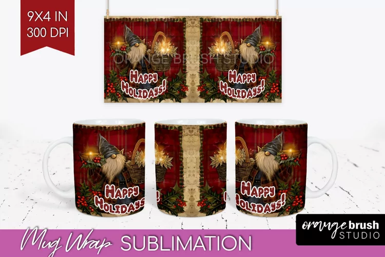 Vintage Christmas Mug Wrap - Retro Xmas 15Oz Mug Sublimation