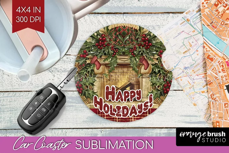 Vintage Christmas Car Coaster PNG - Xmas Coaster Sublimatoin