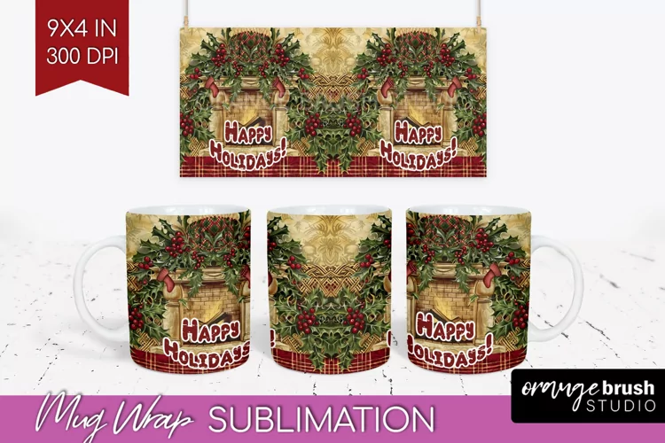 Vintage Christmas Mug Wrap - Retro Xmas 15Oz Mug Sublimation