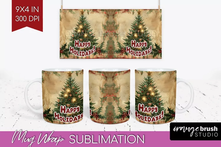 Vintage Christmas Mug Wrap - Retro Xmas 15Oz Mug Sublimation