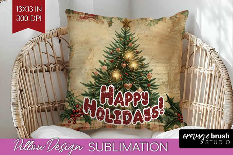 Vintage Christmas Pillow Sublimation - Xmas Pillow Cover PNG