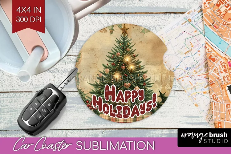 Vintage Christmas Car Coaster PNG - Xmas Coaster Sublimatoin