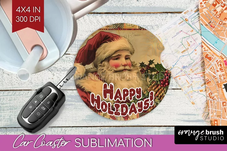 Vintage Christmas Car Coaster PNG - Xmas Coaster Sublimatoin