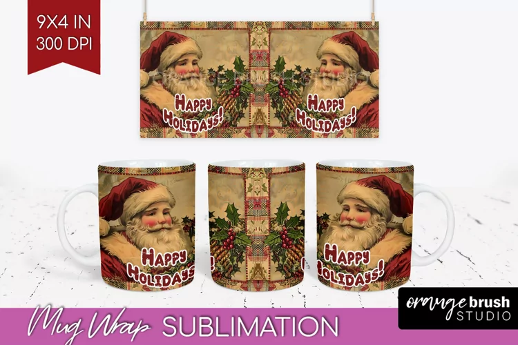 Vintage Christmas Mug Wrap - Retro Xmas 15Oz Mug Sublimation