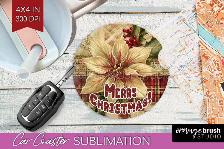 Vintage Christmas Car Coaster PNG - Xmas Coaster Sublimatoin