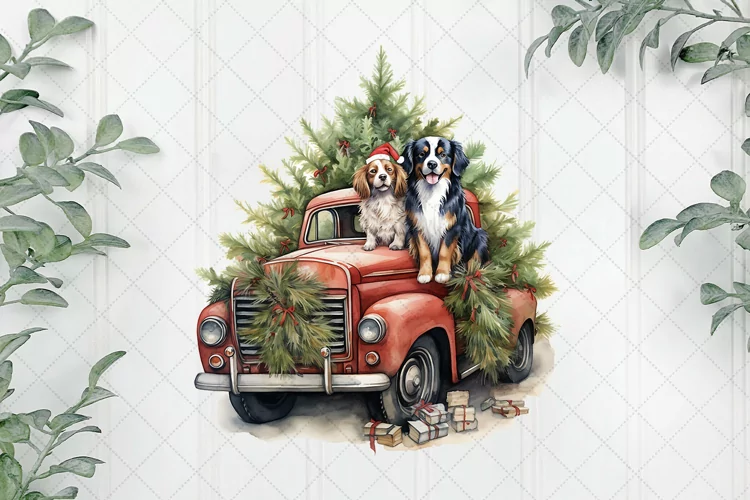 Vintage Red Truck With Many Puppies