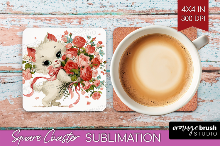 Vintage Valentines Day Square Coaster - Retro Animal Coaster