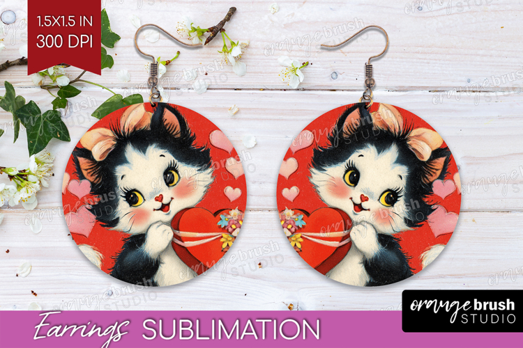 Vintage Valentines Day Round Earrings - Retro Animal PNG