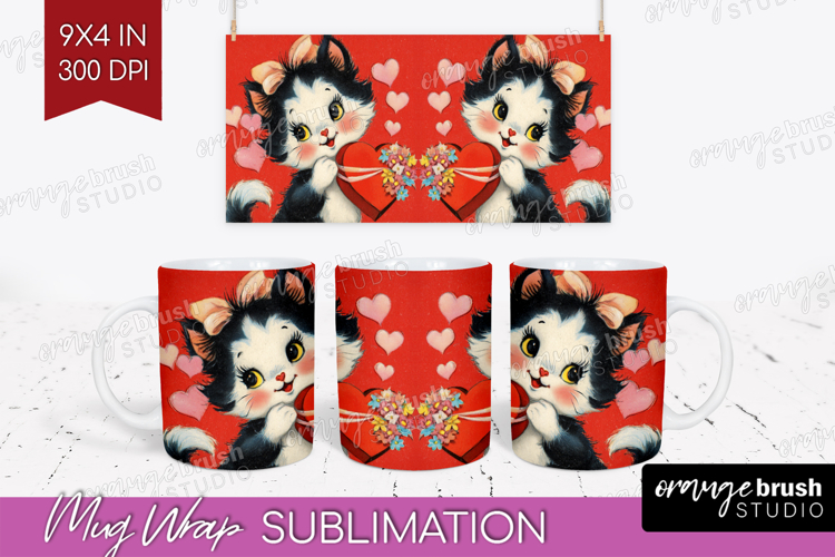 Vintage Valentines Day Mug Wrap - Retro Animal Mug PNG