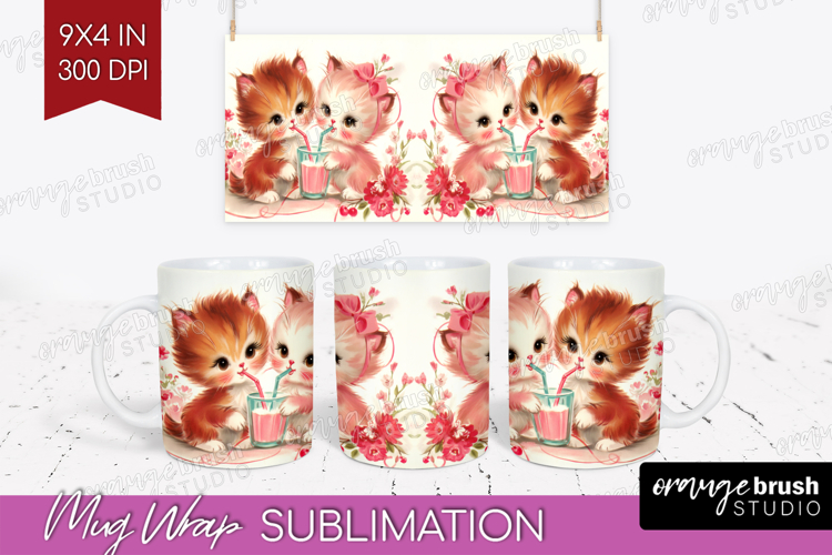 Vintage Valentines Day Mug Wrap - Retro Animal Mug PNG