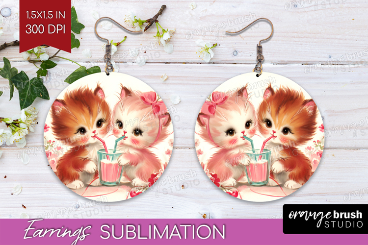 Vintage Valentines Day Round Earrings - Retro Animal PNG