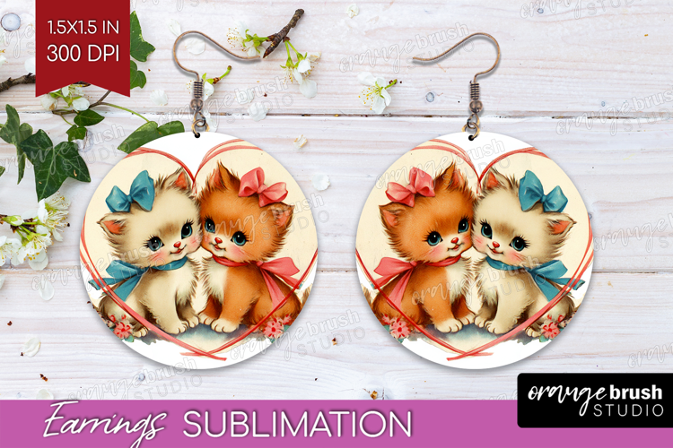 Vintage Valentines Day Round Earrings - Retro Animal PNG