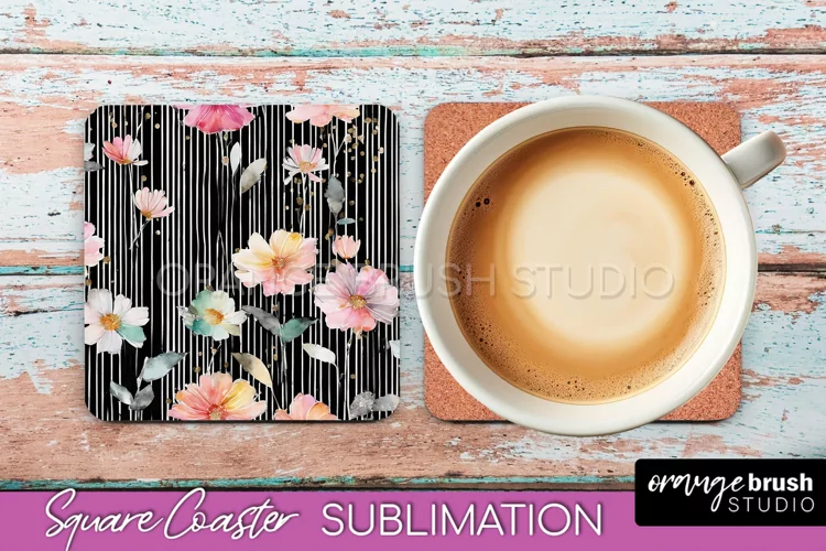 Watercolor Flowers Square Coaster - Floral Pink Sublimation