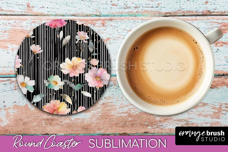 Watercolor Flowers Round Coaster - Floral Pink Sublimation