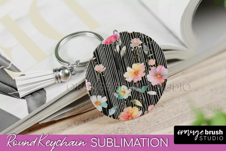 Pink Flowers Keychain, Floral Keychain Sublimation Design