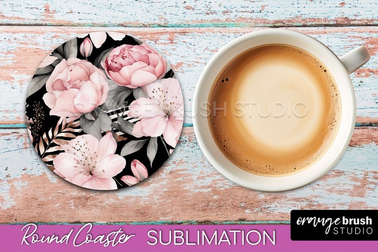 Watercolor Flowers Round Coaster - Floral Pink Sublimation
