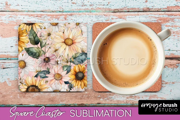 Watercolor Flowers Square Coaster - Floral Pink Sublimation