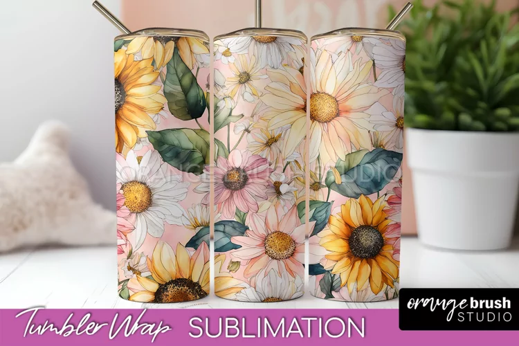 Floral Tumbler Wrap - Pink Flowers Watercolor Tumbler PNG