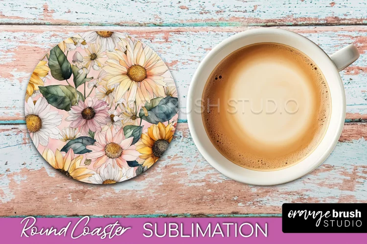 Watercolor Flowers Round Coaster - Floral Pink Sublimation