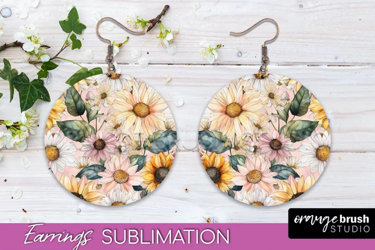 Watercolor Flowers Earrings, Pink Floral Earring Sublimation