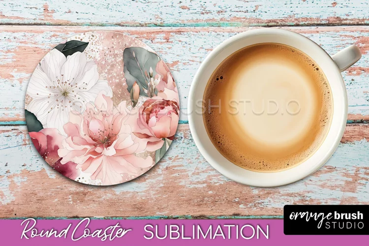 Watercolor Flowers Round Coaster - Floral Pink Sublimation
