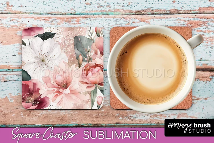 Watercolor Flowers Square Coaster - Floral Pink Sublimation