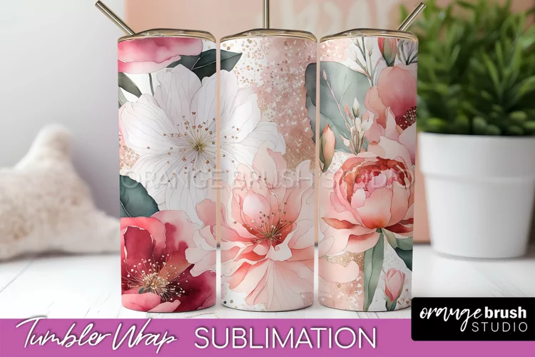 Floral Tumbler Wrap - Pink Flowers Watercolor Tumbler PNG