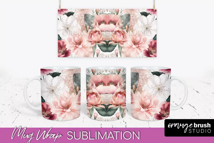 Pink Watercolor Flowers Mug Wrap - Floral Mug Sublimation