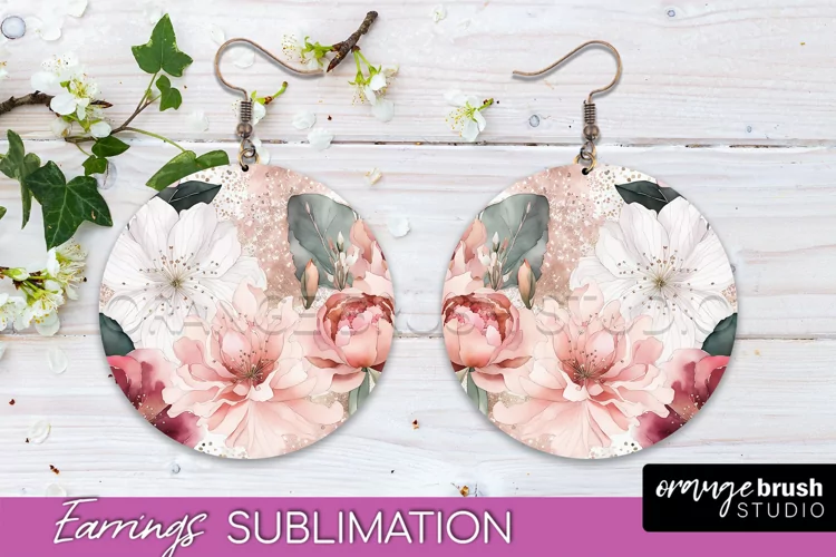 Watercolor Flowers Earrings, Pink Floral Earring Sublimation