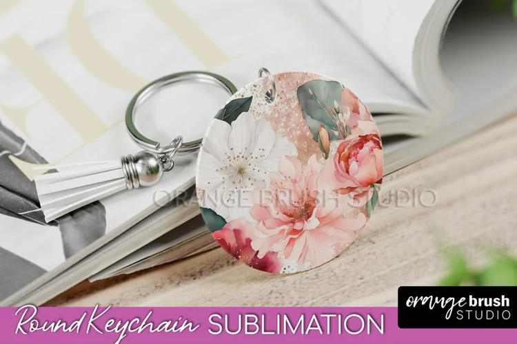 Pink Flowers Keychain, Floral Keychain Sublimation Design