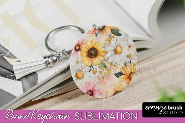Pink Flowers Keychain, Floral Keychain Sublimation Design