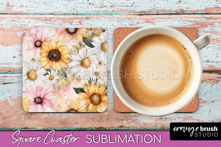 Watercolor Flowers Square Coaster - Floral Pink Sublimation