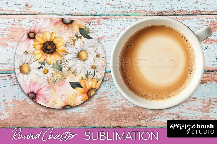 Watercolor Flowers Round Coaster - Floral Pink Sublimation