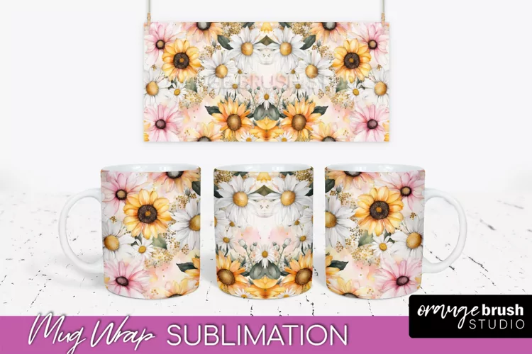 Pink Watercolor Flowers Mug Wrap - Floral Mug Sublimation