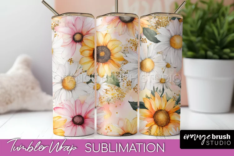 Floral Tumbler Wrap - Pink Flowers Watercolor Tumbler PNG