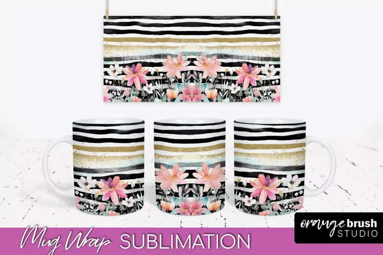 Pink Watercolor Flowers Mug Wrap - Floral Mug Sublimation