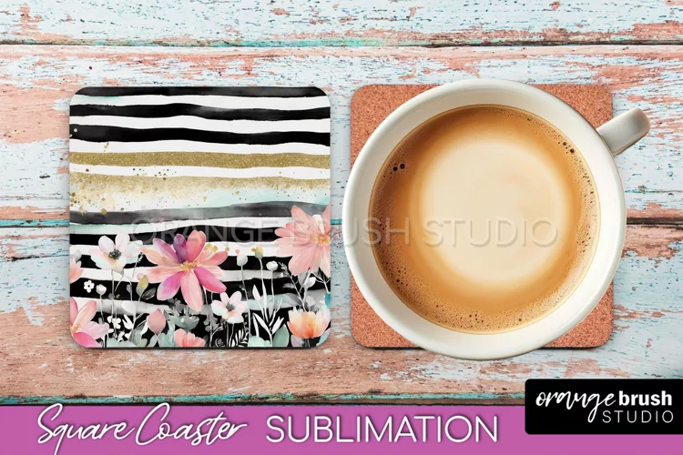 Watercolor Flowers Square Coaster - Floral Pink Sublimation