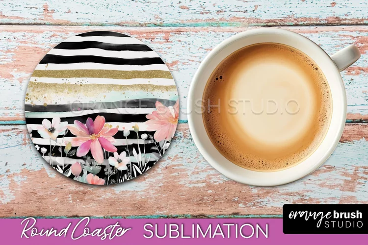 Watercolor Flowers Round Coaster - Floral Pink Sublimation
