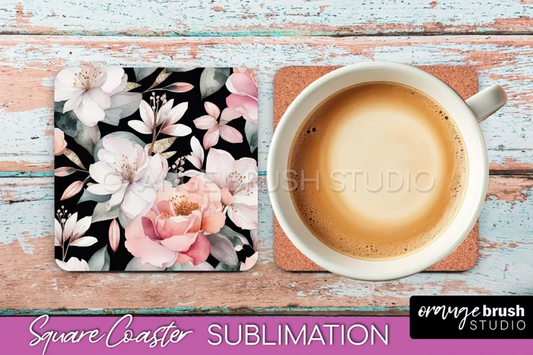 Watercolor Flowers Square Coaster - Floral Pink Sublimation