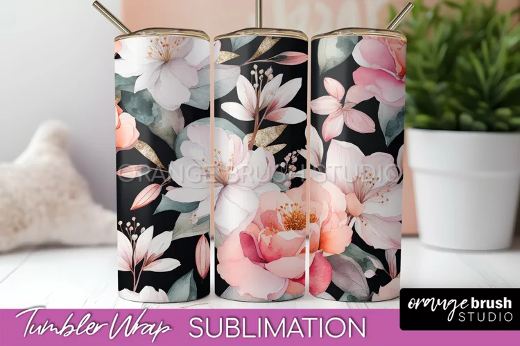 Floral Tumbler Wrap - Pink Flowers Watercolor Tumbler PNG