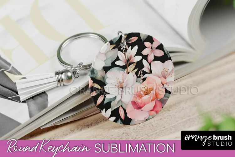 Pink Flowers Keychain, Floral Keychain Sublimation Design