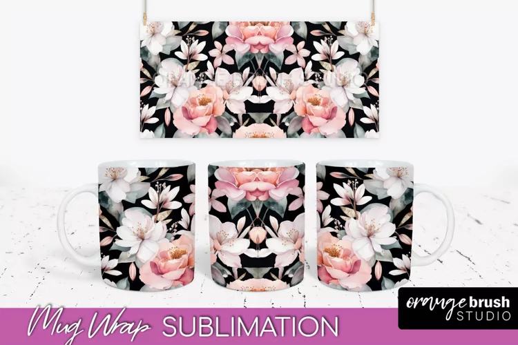 Pink Watercolor Flowers Mug Wrap - Floral Mug Sublimation