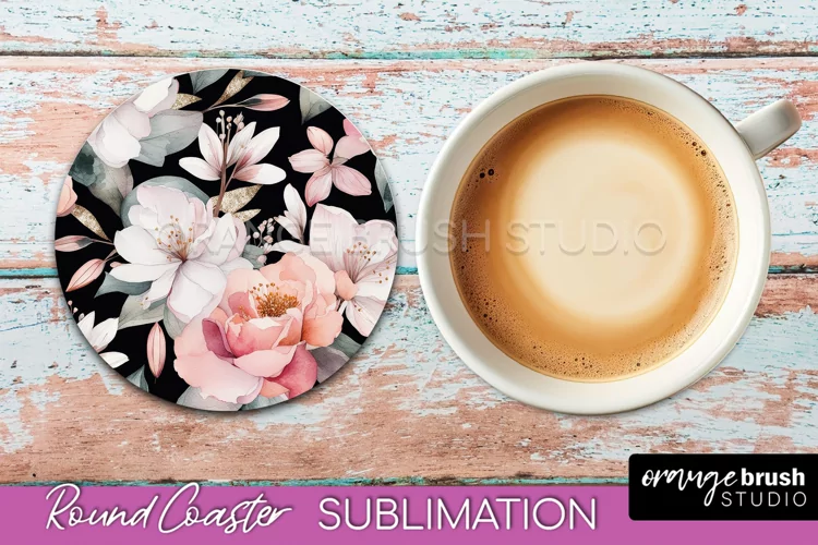 Watercolor Flowers Round Coaster - Floral Pink Sublimation