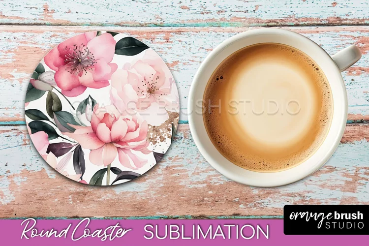 Watercolor Flowers Round Coaster - Floral Pink Sublimation